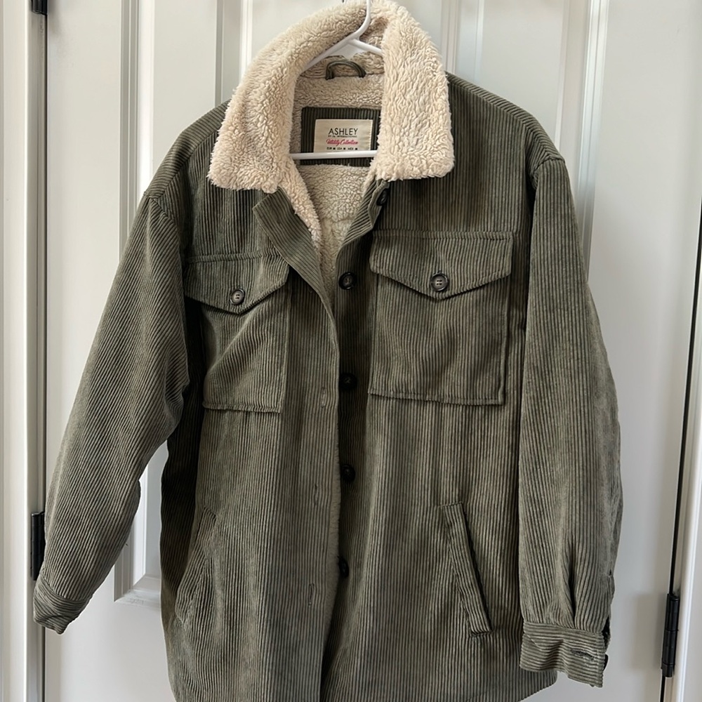 Corduroy button up green fleece lined coat